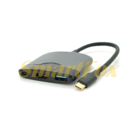 Хаб Type-C(папа) пластиковый, HDMI(мама)+USB3.0(мама)+PD(мама), 23cm, Black