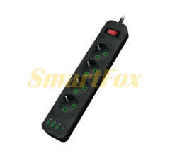 Мережевий фільтр F24U, 4 розетки EU+3 USB+PD, кнопка включення з індикатором, 2 м, 3х0,75мм, 2500W, чорний