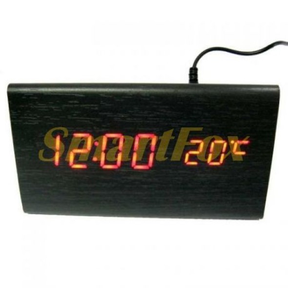 Годинник настільний VST-864-1 з червоним підсвічуванням у вигляді дерев'яного бруска.