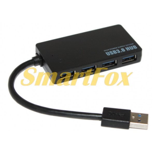 Хаб USB 3.0, 4 порти, плоский, чорний, підтримка до 2TB, кабель 0,14м