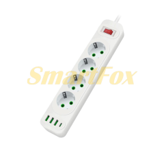 Сетевой фильтр F24U, 4 розетки EU+3 USB+PD, кнопка включения с индикатором, 2 м, 3х0,75мм, 2500W, белый