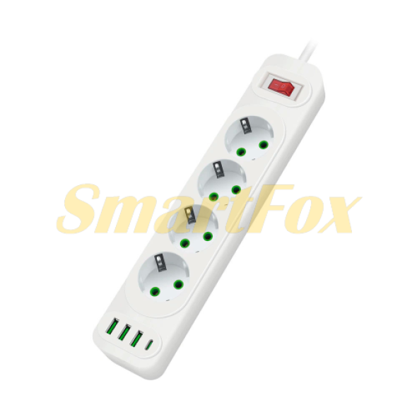 Мережевий фільтр F24U, 4 розетки EU+3 USB+PD, кнопка включення з індикатором, 2 м, 3х0,75мм, 2500W, білий