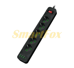 Мережевий фільтр F25U, 5 розеток EU+3 USB+PD, кнопка включення з індикатором, 2 м, 3х0,75мм, 2500W, чорний