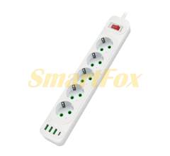 Мережевий фільтр F25U, 5 розеток EU+3 USB+PD, кнопка включення з індикатором, 2 м, 3х0,75мм, 2500W, білий