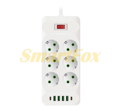 Сетевой фильтр F33U, 6 розеток EU+4 USB+2 PD, кнопка включения с индикатором, 2 м, 3х0,75 мм, 2500W, белый