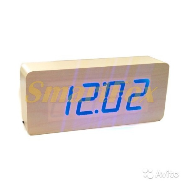 Часы настольные VST-865-5 с синей подсветкой в виде деревянного бруска