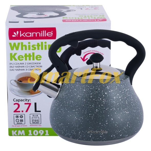 Чайник Kamille Сірий 2,7л із нержавіючої сталі зі свистком та нейлоновою ручкою KM-1091