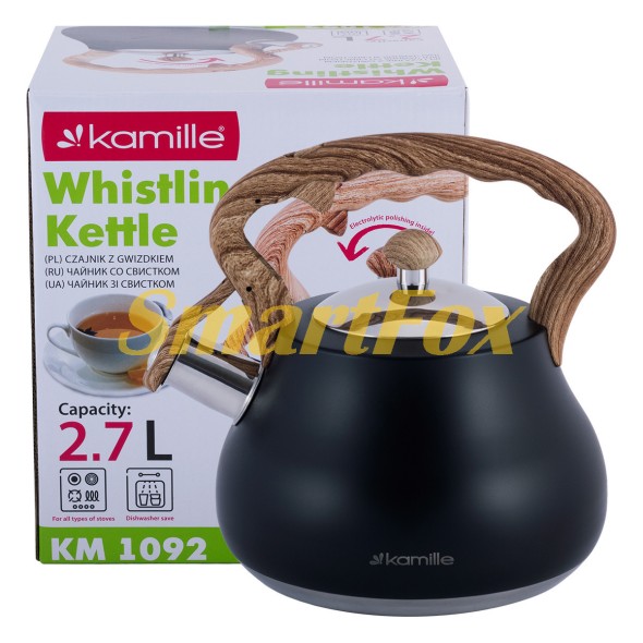Чайник Kamille Чорний 2,7л із нержавіючої сталі зі свистком та нейлоновою ручкою KM-1092