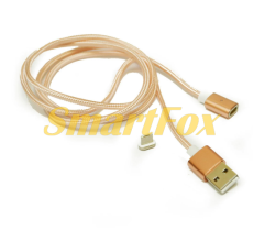 Магнитный кабель USB/MicroUSB, 1m, 2А, индикатор заряда, тканевая оплетка, съемник, Gold