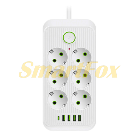 Сетевой фильтр F07U, 6 розеток (3 EU+3 Universal) + 4 USB + 1PD, кнопка включения с индикатором, 2 м, 3х0,75 мм, 2500W, белый